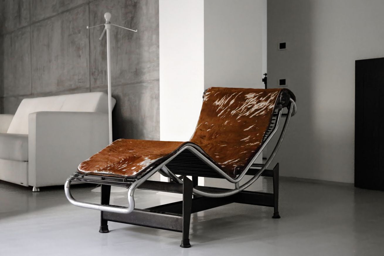 Un fauteuil de style moderne, doté d’une structure en métal et d’un revêtement en cuir, est placé dans une pièce au décor minimaliste, avec un mur en béton et un canapé blanc.