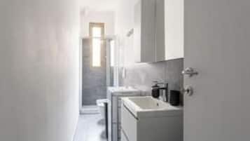 Shower, hair dryer, bidet, towels