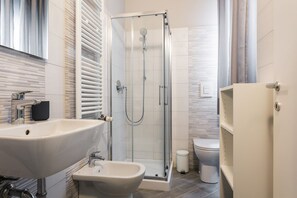 Shower, hair dryer, bidet, towels