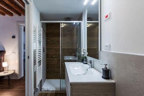 Shower, hair dryer, bidet, towels