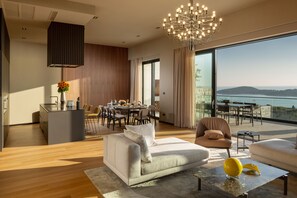 Smart TV, chimenea y estéreo 