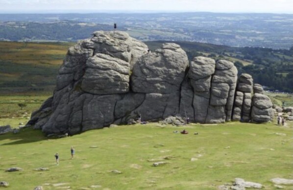 A large rock formation with a flag on top, surrounded by a grassy area with a few people.