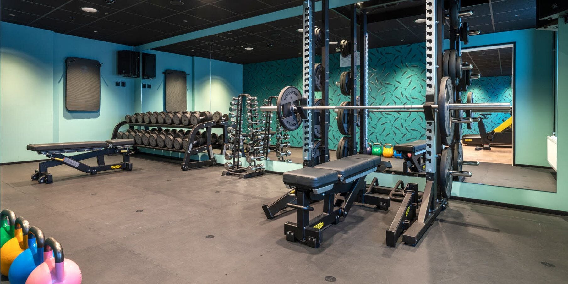 Une salle de sport équipée de matériel de musculation, de bancs et d’haltères.