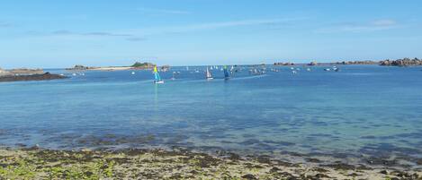 A coastal area with clear water, boats, and rocky shores.
