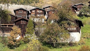 Un ensemble de chalets de montagne en bois offrant une vue sur la vallée.