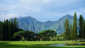A golf course with a mountain backdrop, trees, and a pond. - Air-conditioned, spacious, golf-front living (Princeville)