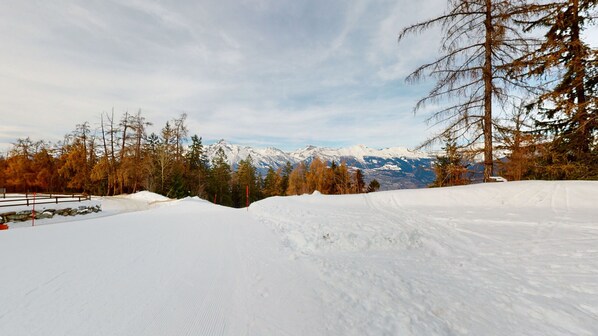 A snowy landscape with a clear view of snow-covered mountains in the background.