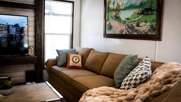 Smart TV, fireplace, music library