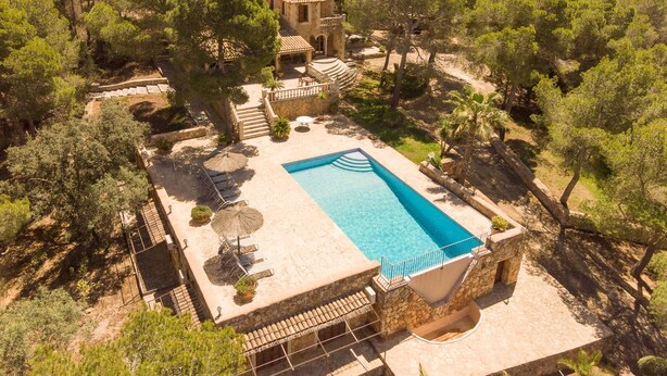 Una piscina con bordo in pietra, circondata da alberi e un piccolo edificio.