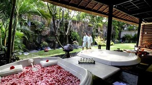 Un espacio de spa con un jacuzzi lleno de pétalos de rosa, una zona de estar y vistas a un jardín exuberante.