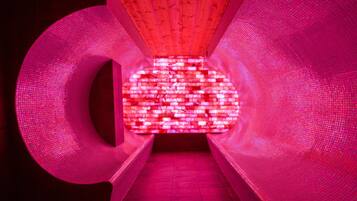 A tunnel-like structure with a grid pattern on the walls and ceiling, illuminated by red lighting.