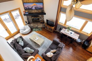 TV connectée, cheminée, livres, espaces bureaux