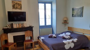Ein Schlafzimmer mit einem Bett, einem Fernseher, einem Bücherregal, einem Fenster und einem Kamin.