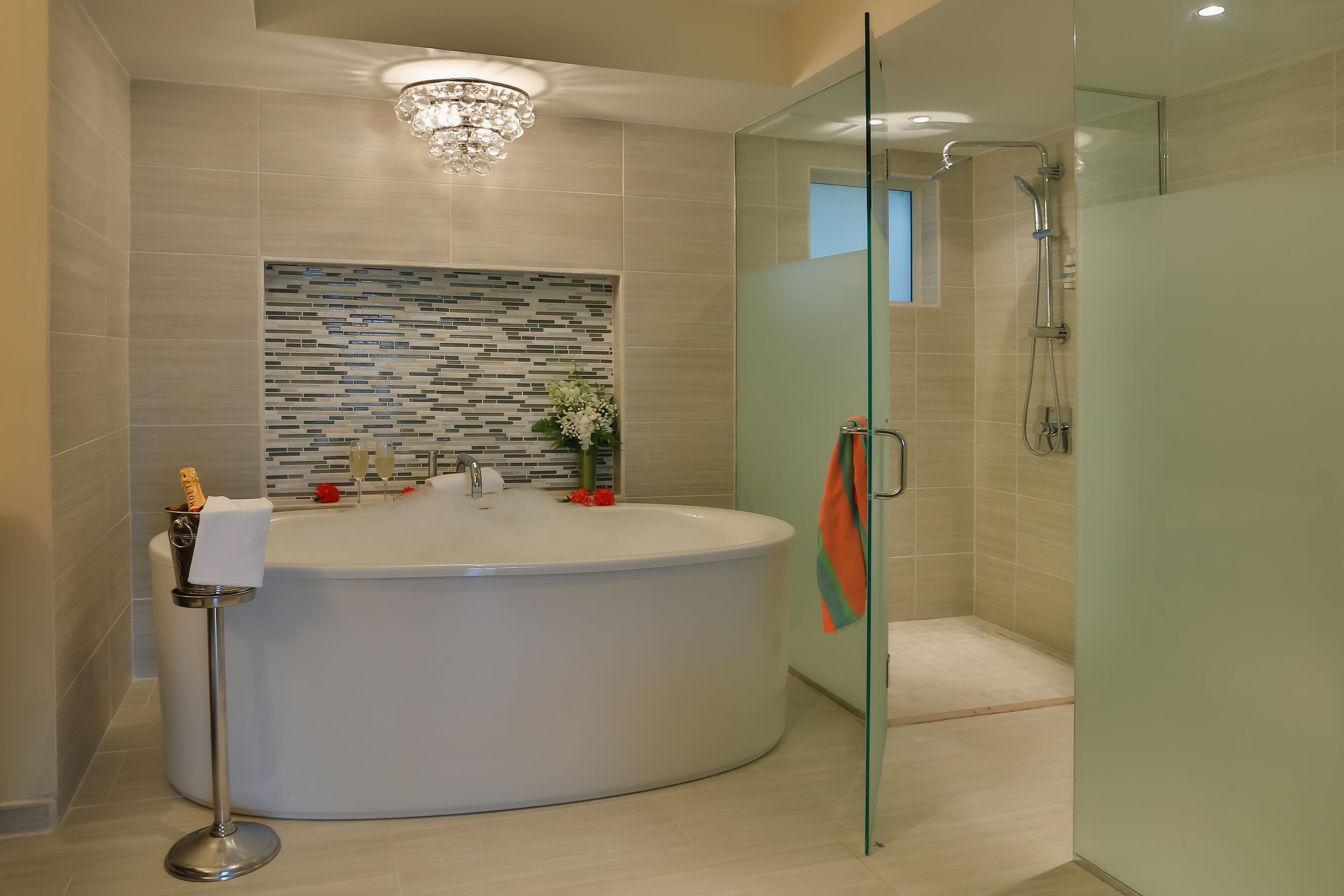 eco-friendly toiletries, hair dryer, bathrobes, towels