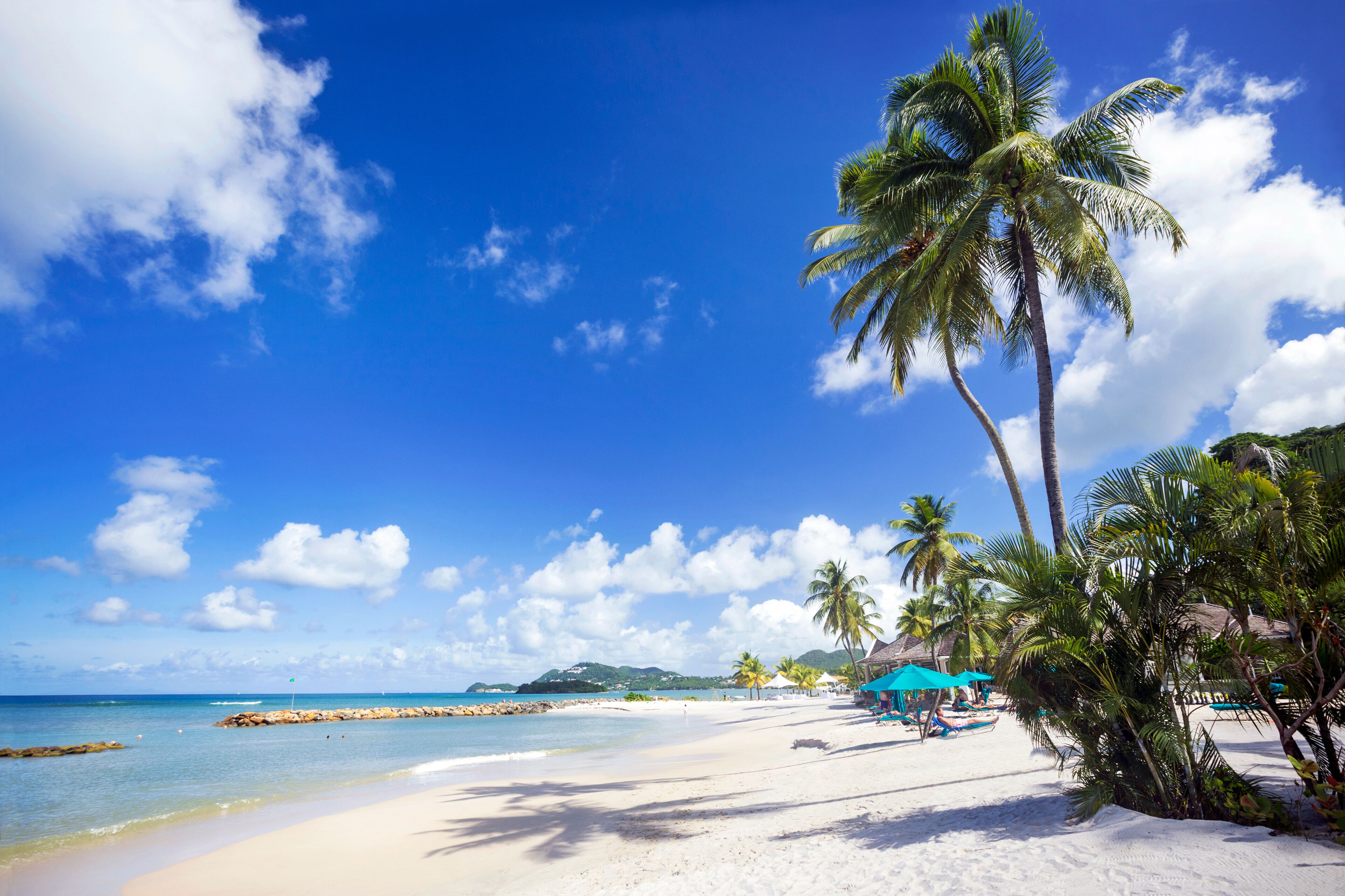 On the beach, sun loungers, beach umbrellas, beach towels
