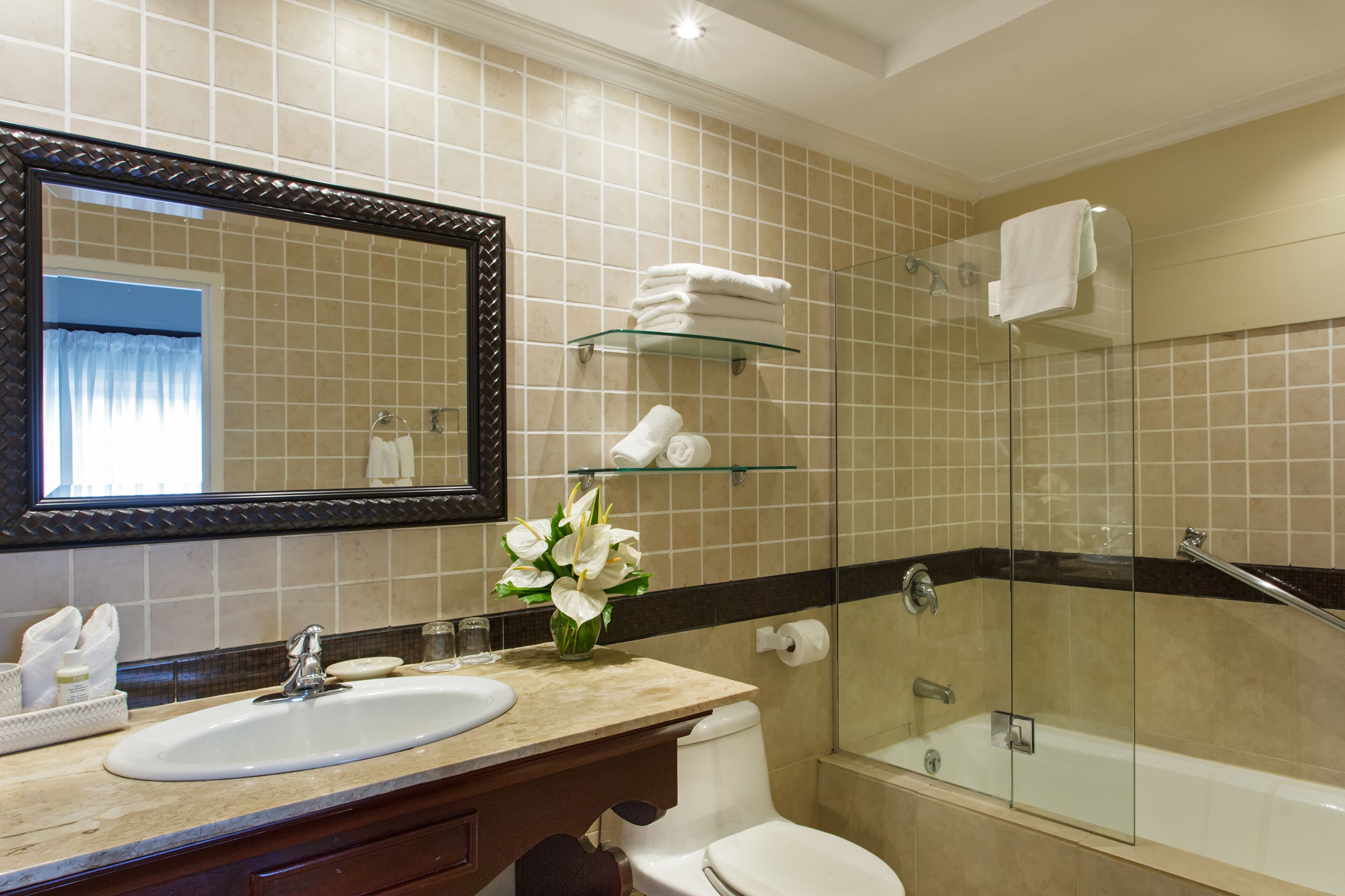 eco-friendly toiletries, hair dryer, bathrobes, towels