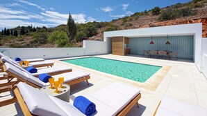 Un área de piscina moderna al aire libre con sillones de descanso y una zona de estar cubierta con vidrio.