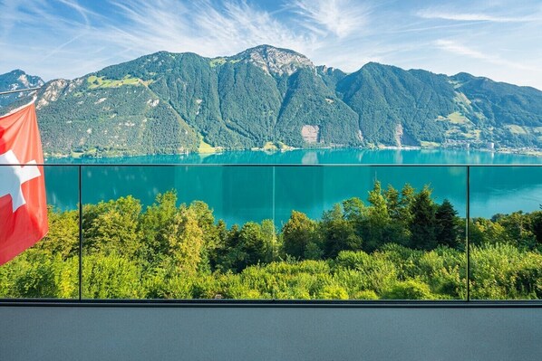 A view of a lake with mountains in the background, a flag, and lush greenery in the foreground.