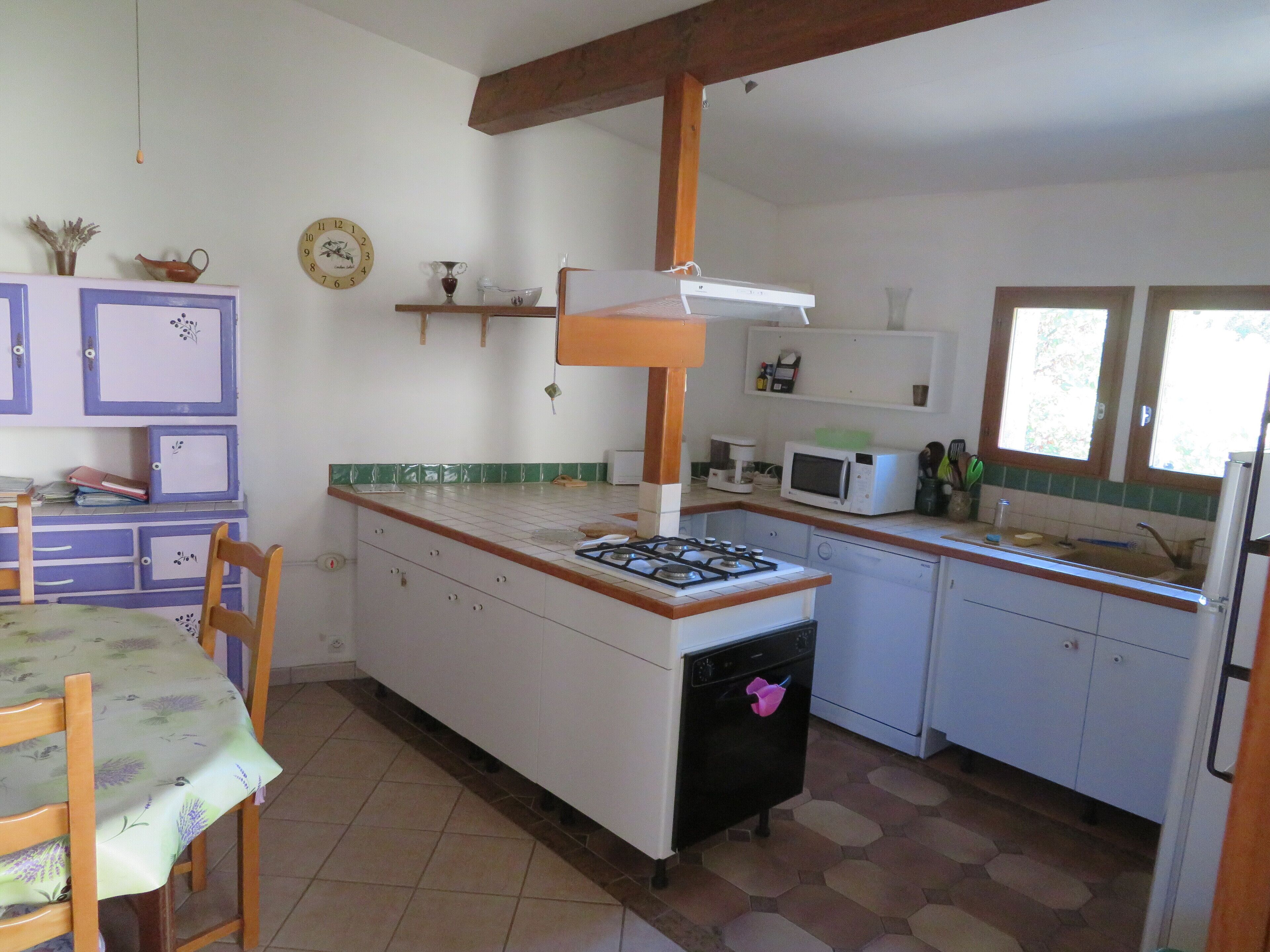 Cocina con estufa a gas, microondas y lavaplatos. Se ve un ventanal con vistas a árboles.