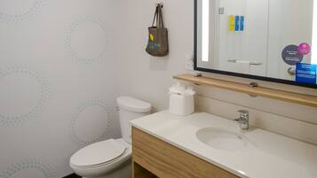 A modern bathroom with a toilet, sink, and mirror.