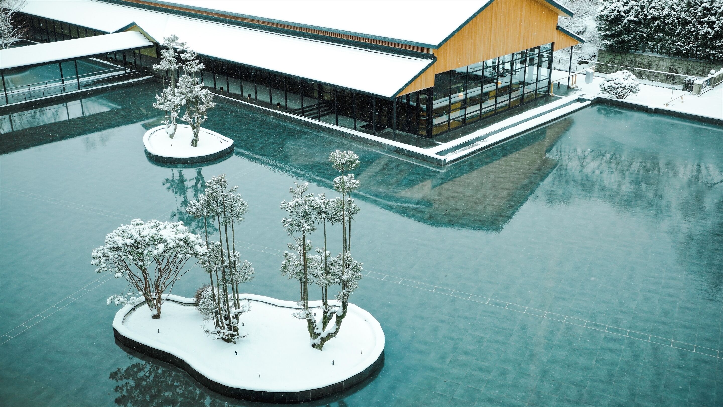 A modern building with a glass facade and a pool area with snow-covered trees.