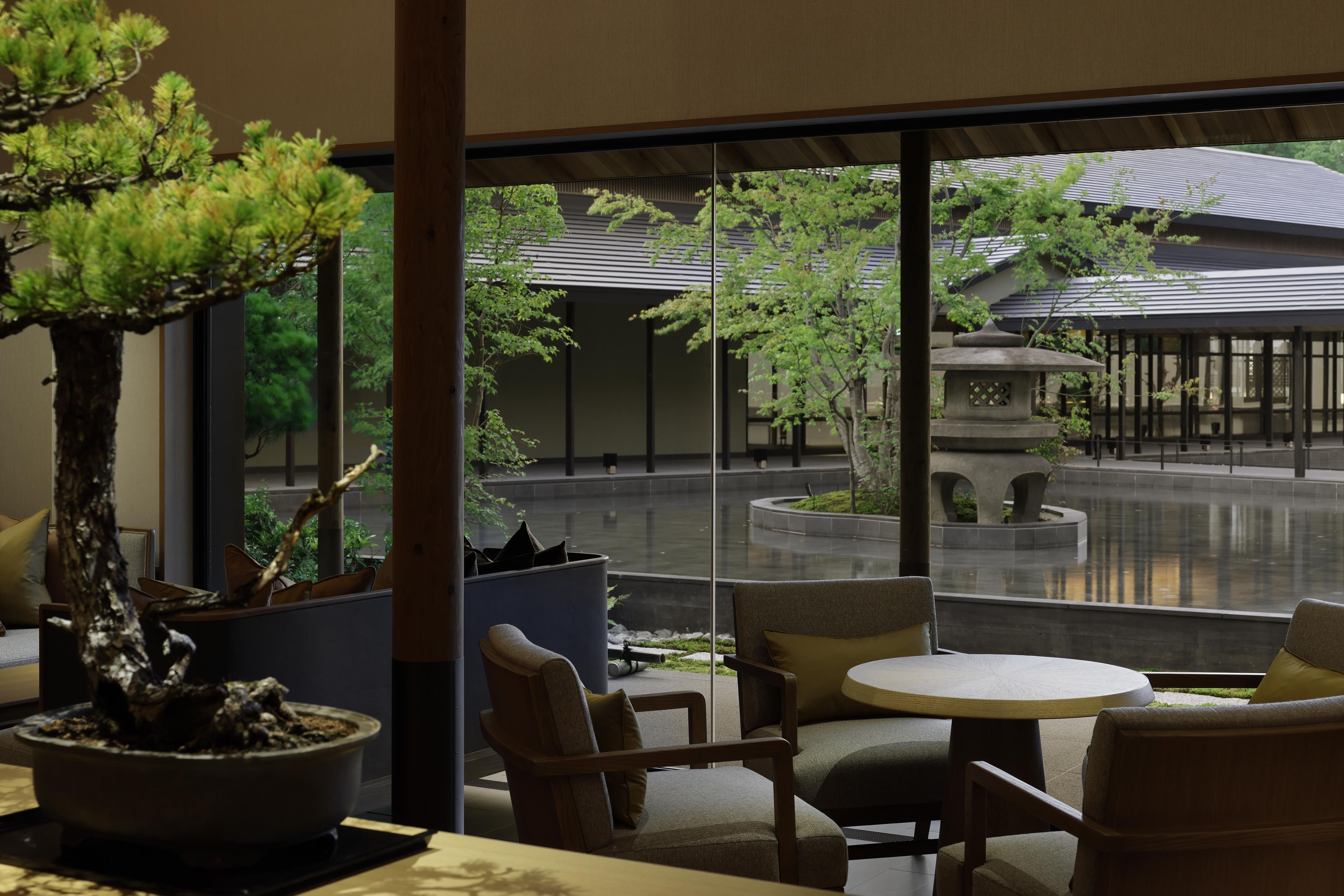 A modern interior with a large window, a bonsai tree, and a seating area with chairs and a table.