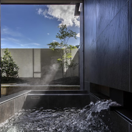 A spa area with a water feature, a view of the sky, and a tree.