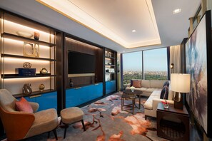 Royal Suite, 1 King Bed | Living area | 65-inch Smart TV with satellite channels, TV, smart speakers - Waldorf Astoria Kuwait (Kuwait City)