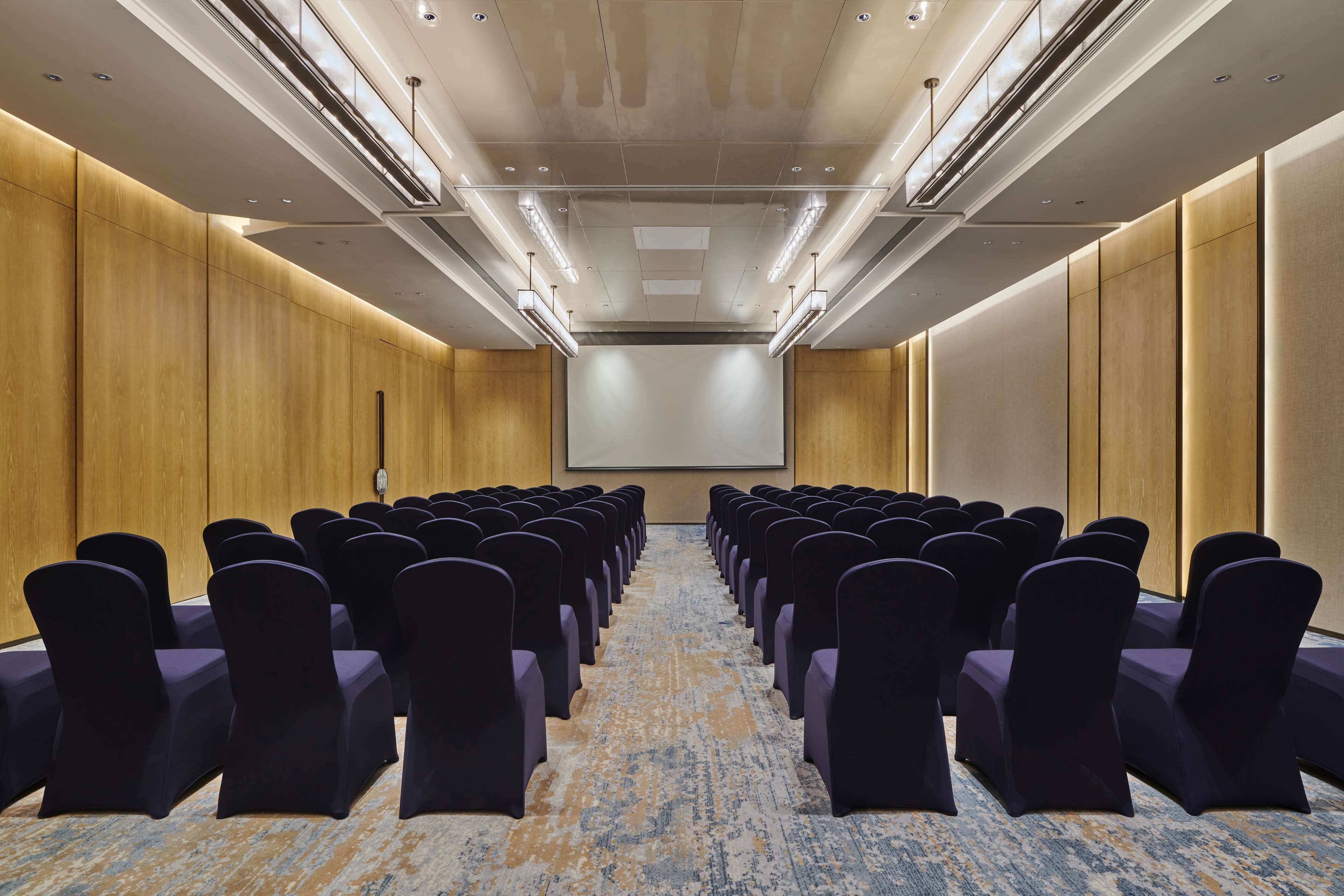 A conference room with rows of chairs, a projector screen, and a carpeted floor.