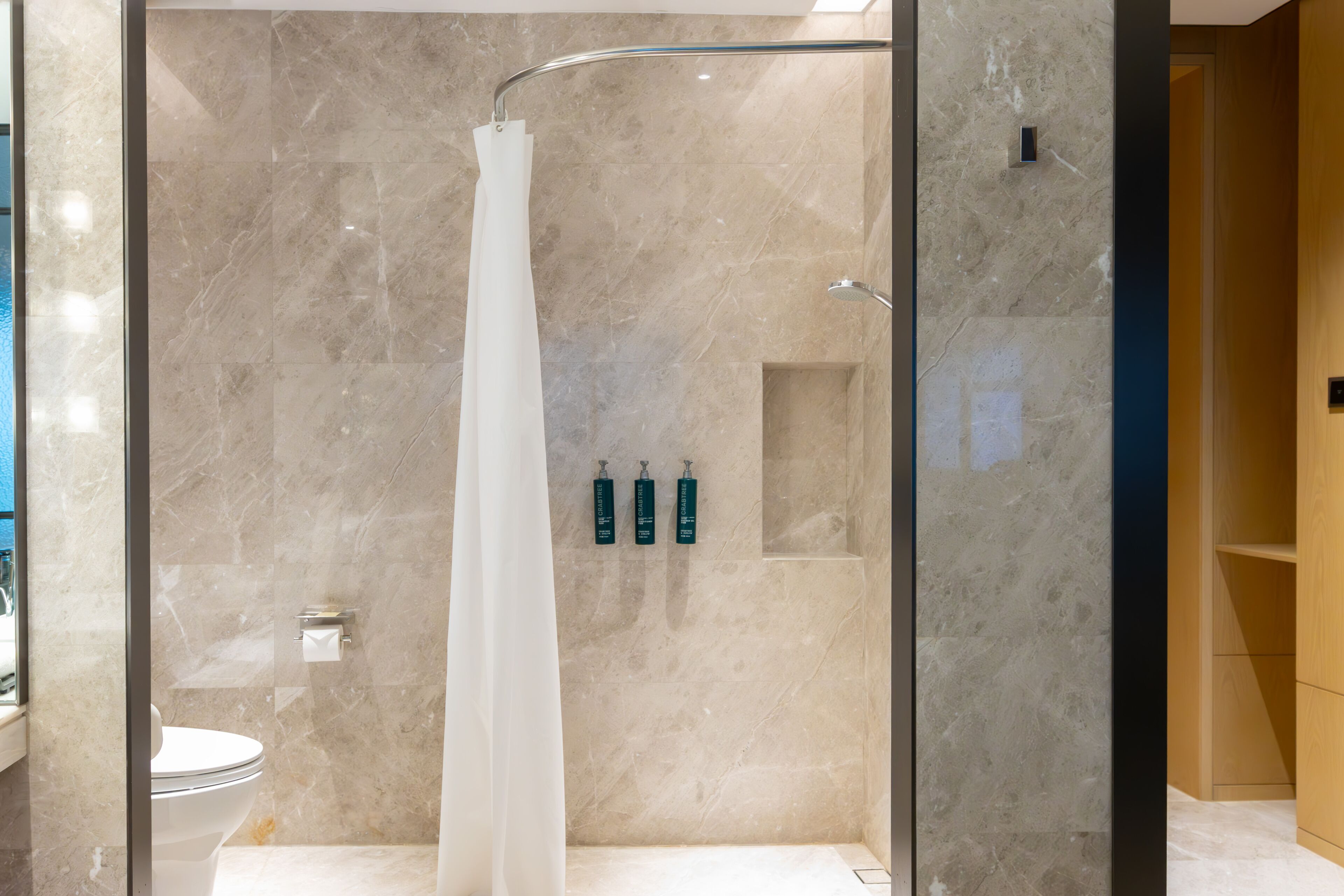 Une salle de bain moderne avec une douche à parois de verre, des murs en marbre et des toilettes.