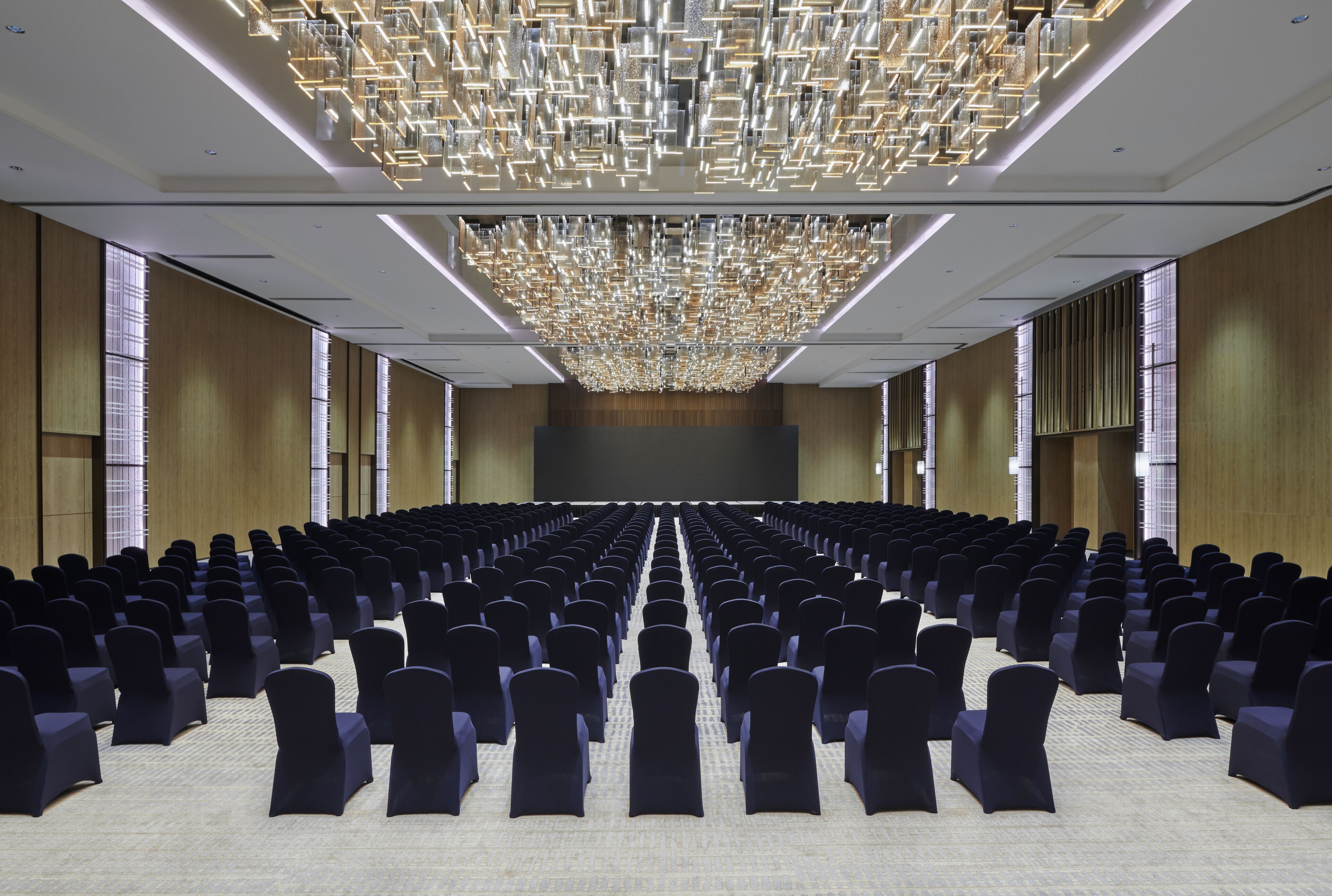 Une salle de conférence avec des rangées de chaises, un grand écran et un lustre moderne.
