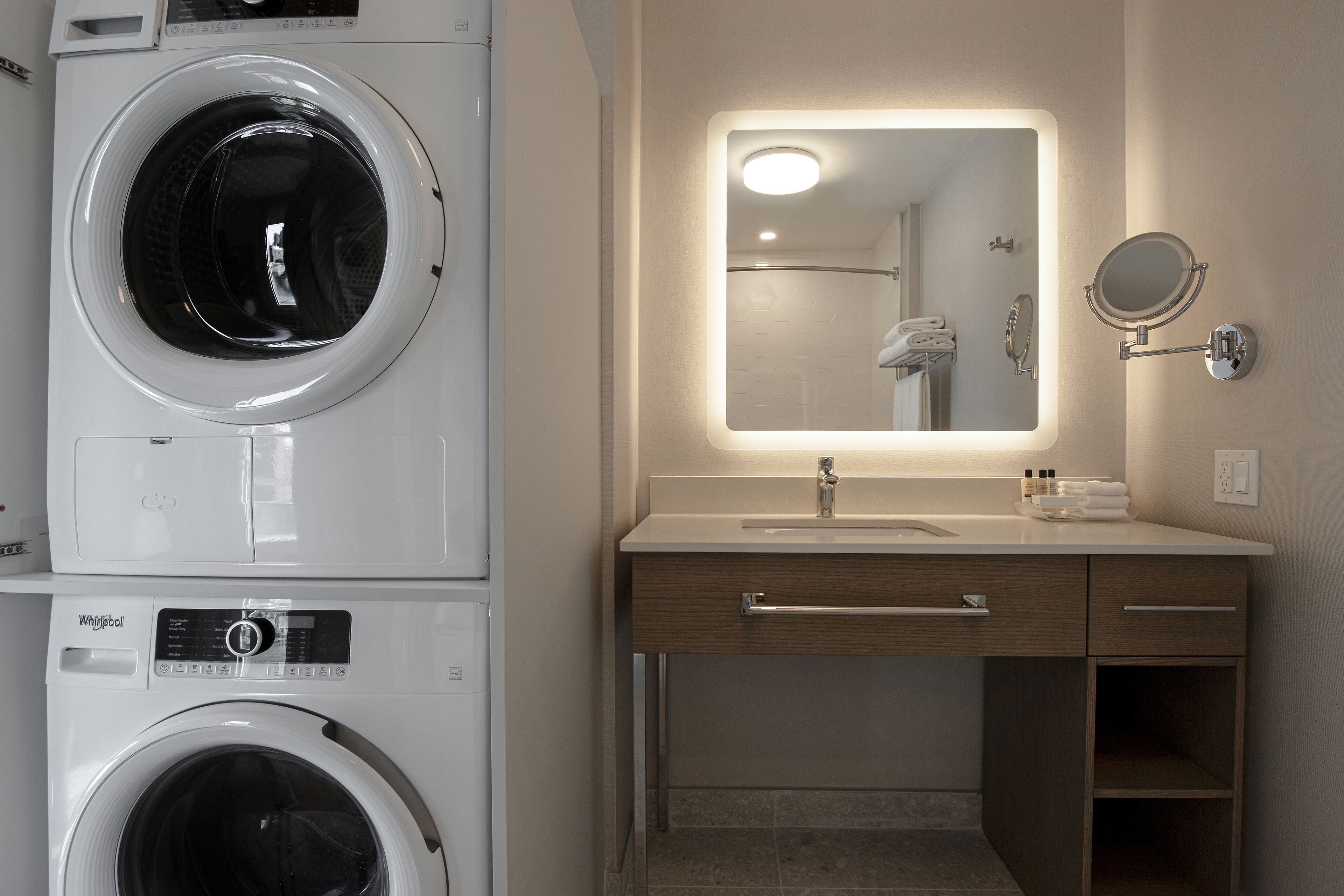 hair dryer, towels, soap, shampoo