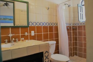 A bathroom with a sink, mirror, toilet, and shower area.