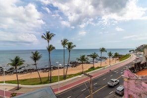 A coastal road with a beach and palm trees.