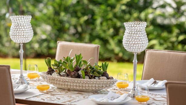 A table set for two with a decorative bowl of plants, two crystal candle holders, and glasses of orange juice. - Villa Palazzo di Giulia with Pool (Vabriga)