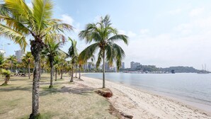 A beach with palm trees and a cityscape in the background.