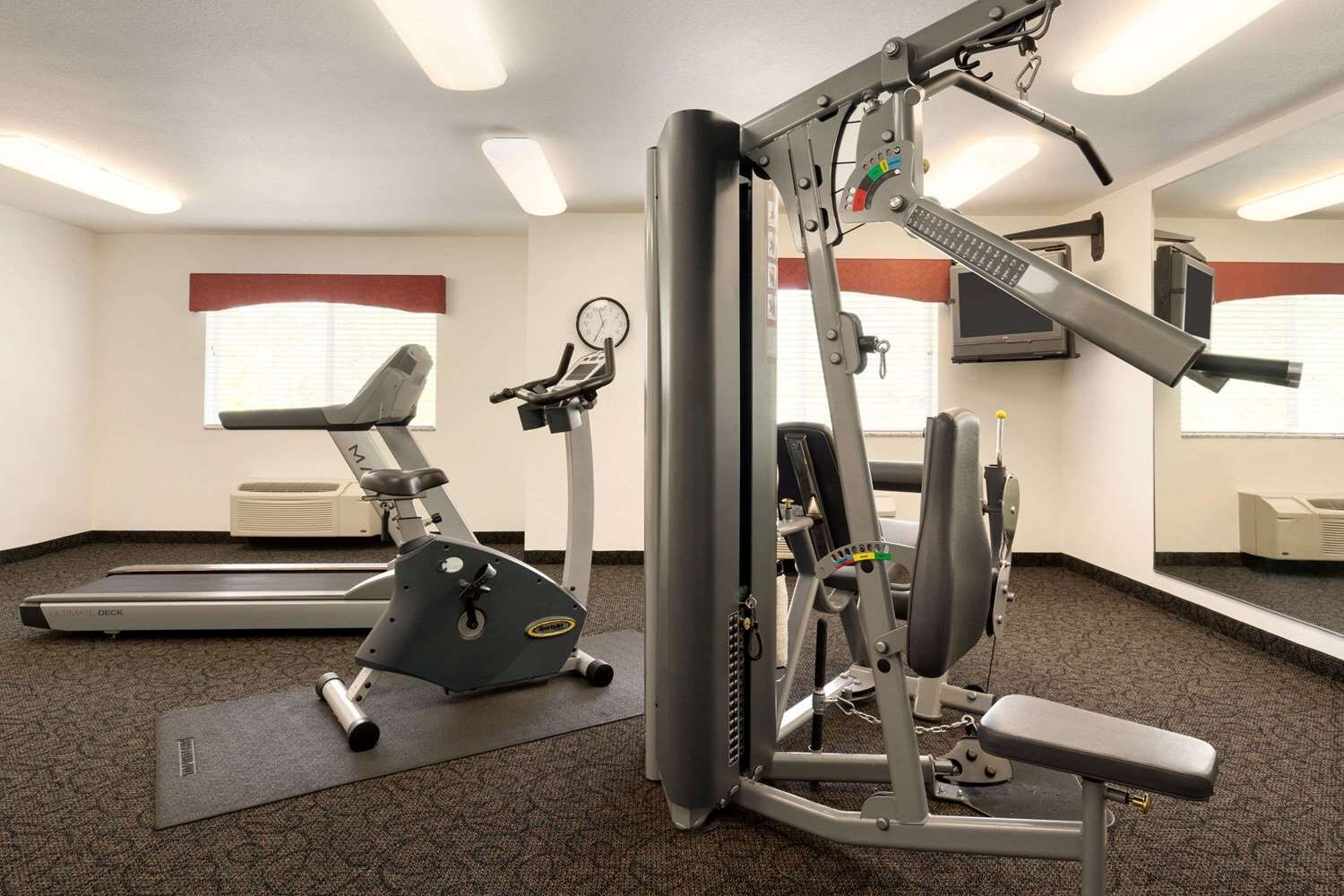 Une salle de sport équipée de machines de cardio, de matériel de musculation et de miroirs.