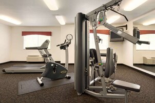 Un gimnasio con máquinas de cardio, equipo de levantamiento de pesas y espejos.