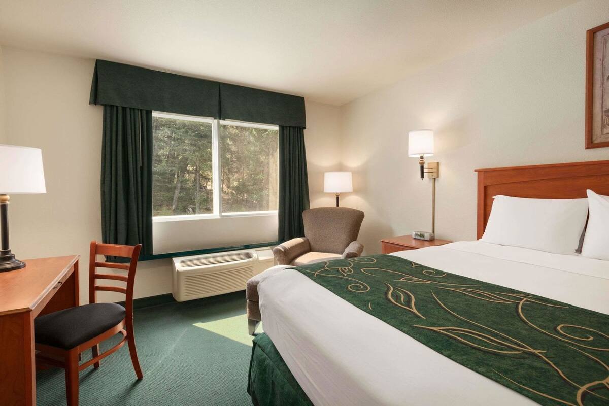Habitación de hotel con cama, escritorio, silla, calefactor y ventana con cortinas.