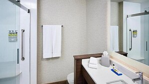 A modern bathroom with a glass shower enclosure, a white toilet, a wooden vanity with a mirror, and a towel rack. - Holiday Inn Express Canton Potsdam (Canton)