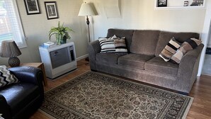 A living room with a grey sofa, a patterned rug, a black leather chair, a standing lamp, and a small plant.