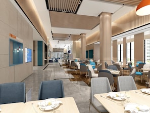 A modern restaurant interior with multiple dining tables and chairs, a visible menu board, and a large window allowing natural light. - Holiday Inn Express Yixing by IHG (Wuxi)