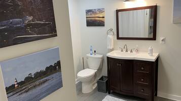 Combined shower/tub, hair dryer, towels, soap