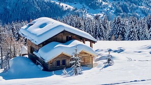Une cabane en bois, dotée d’un toit en pente, entourée d’arbres couverts de neige et avec une chaîne de montagnes en arrière-plan.