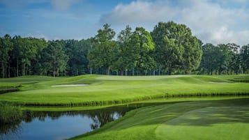 A golf course with a pond, trees, and a clear sky.