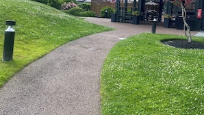 A pathway leading to a building with a gazebo, surrounded by green lawns and trees.