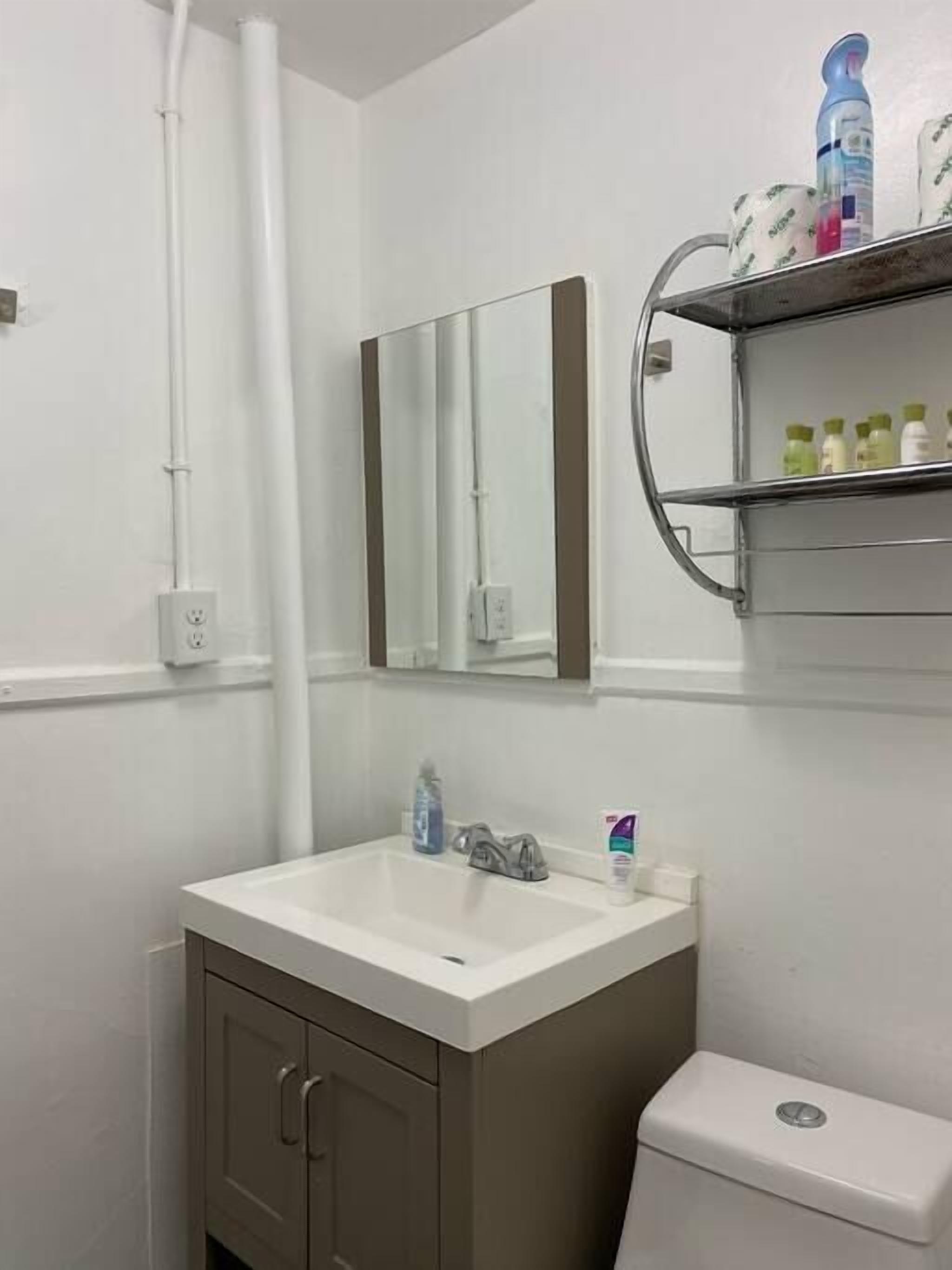 Un bagno con lavandino bianco, uno specchio, un water e uno scaffale con articoli da toilette.