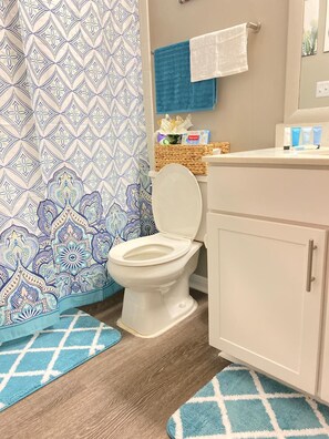 Duschwanne, Haartrockner, Handtücher, Seife