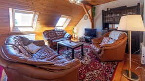A cozy loft-style room with a wooden ceiling, a fireplace, leather sofas, a TV, and a lamp.
