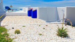 A rooftop terrace with a pool, sun loungers, and a garden area with white pebbles and cacti.